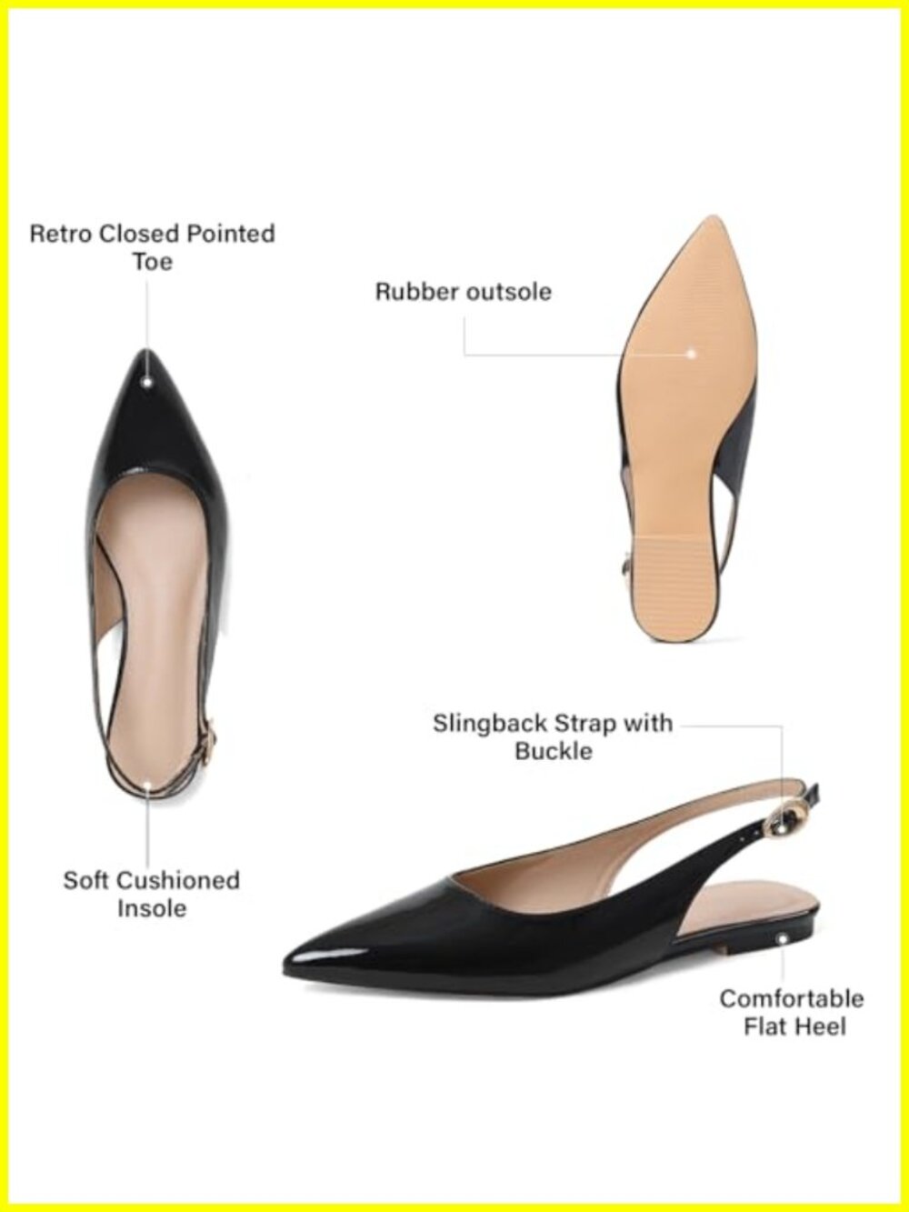 Slingback Ballet Flats Women Pointed Toe Patent Leather Low Heel - Picture 3 of 6